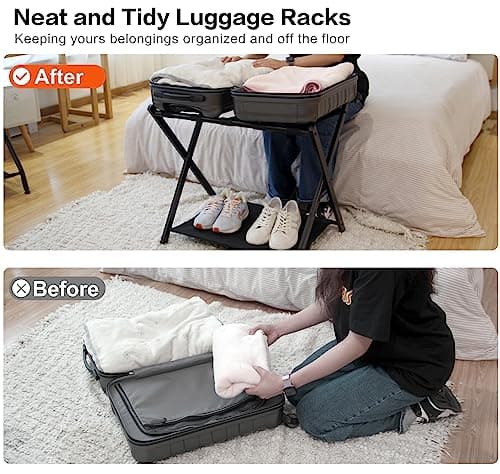 2-Pack Foldable Steel Luggage Rack with Fabric Shelf for Bed & Guest Rooms