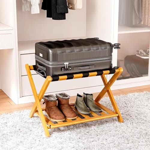 Fully Assembled Bamboo Luggage Stand with Storage, 5 Nylon Straps, Heavy Duty, Natural — Honey Oak-1pack