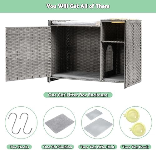 Grey GCLB002G Handwoven Rattan Cat Condo with Litter Box Furniture