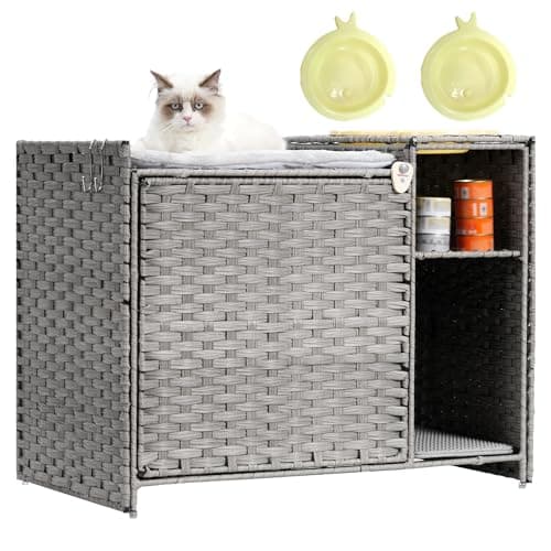 Grey GCLB002G Handwoven Rattan Cat Condo with Litter Box Furniture — Gray
