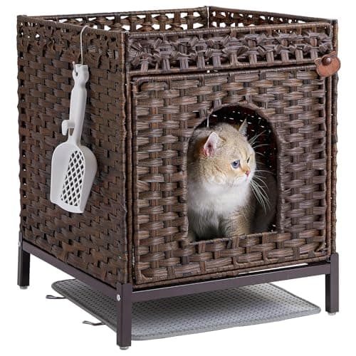 Hidden Rattan Cat House with Litter Mat & Metal Feet — Brown