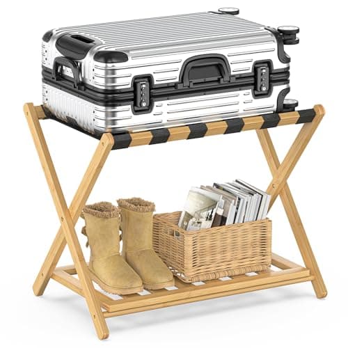 Bamboo Suitcase Stand with Storage for Guest Room, Brown — Natural