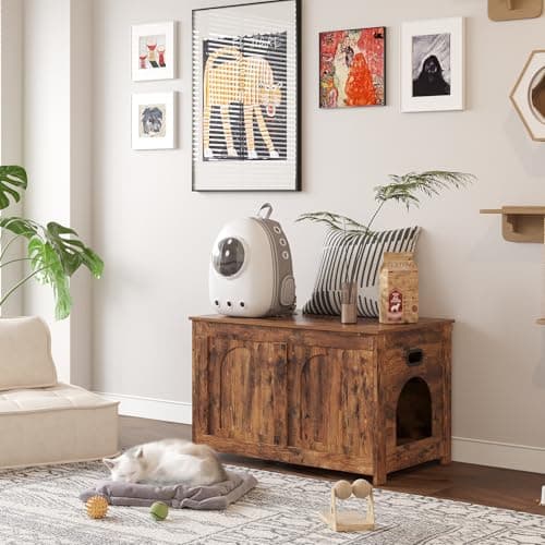 DINZI Sturdy Rustic Brown Litter Box Enclosure, Flip Top Cat House Furnishing