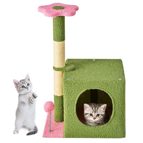 24 Inch Pink Floral Cat Tree with Condo, Scratching Post & Soft Ball