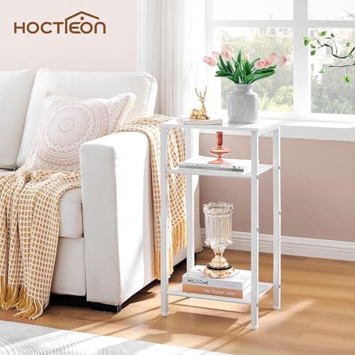 Hoctieon 3-Tier End Table with Storage, White Metal Frame, Living Room & Bedroom