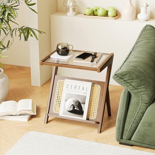 Bamworld Rattan 2-Tier Side Table with Storage Boho Living Room Glasstop Narrow Coffee Table — Rattan Table-brown