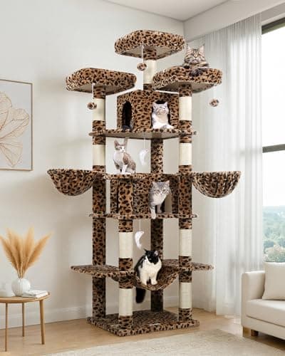 XXL F80 Indoor Cat Tower with Hammock, Scratching Post & 3 Perches Dark Grey — Leopard Print