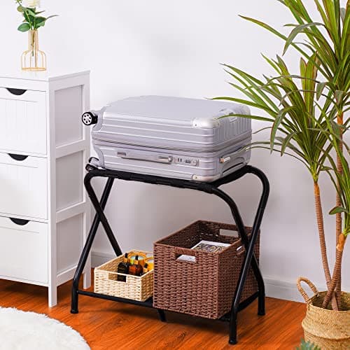 Heybly Steel Folding Luggage Rack with Storage Shelf, Pack of 2 - Black