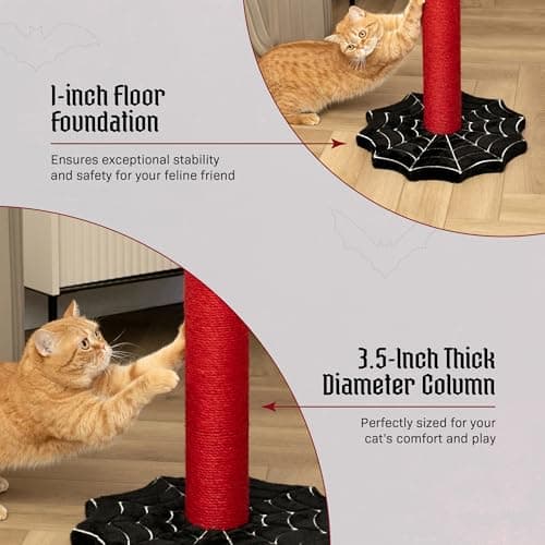 Gothic Cat Scratcher, 34" Sturdy Spider Web Base, Bat Top, Black & Red