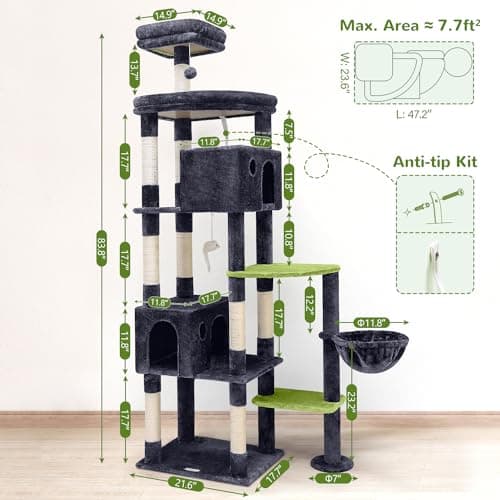 Giant Cat Tree for Large Adult Indoor Cats - 83 inch XXL Tower with 9 Scratching Posts in Dark Grey