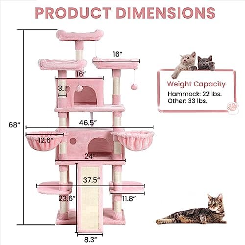 SHA CERLIN 68-Inch Multi-Level Cat Tree for Large Cats with Condo, Perches, Scratching Posts, and Hammocks - Pink