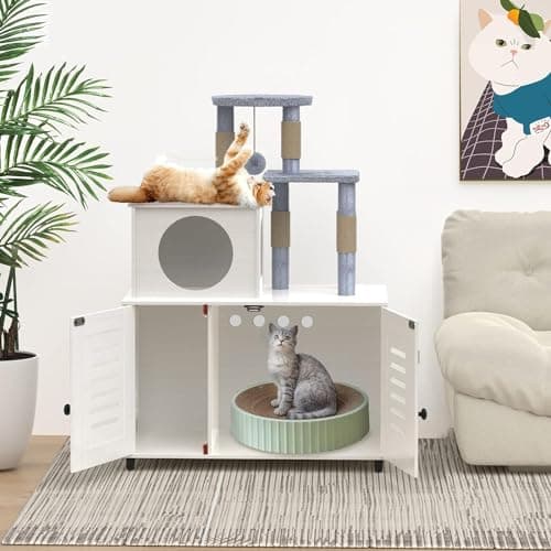 White All-in-One Cat Cabinet with Litter Box, Scratching Post, Soft Perch & Divider