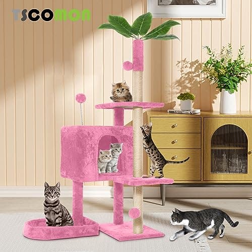 Indoor Cat Tree Tower with Green Leaves and Multi-Level Cozy Plush Condo Scratching Posts, Pink
