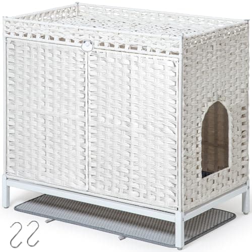 Hidden Handwoven Rattan Cat Litter Box Enclosure, Large Metal Feet, 30.3 x 18.3 x 28 Inches, Indoor — White