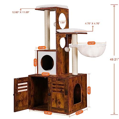 Heybly Wood Litter Box Cat Tree, Large Platform & Condo, Modern Style Cat Tower