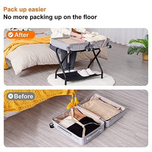 Steel Folding Luggage Rack with Storage Shelf, Black