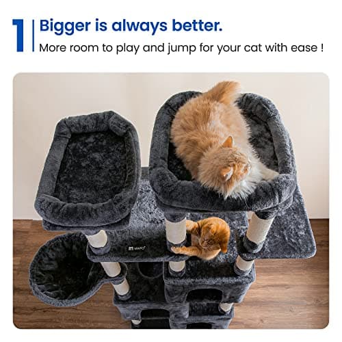 MWPO Smoky Grey Extra Large Cat Tree - 70.1-Inch Tall Multi-Level Tower with 3 Condos, Scratching Posts & Dangling Toys