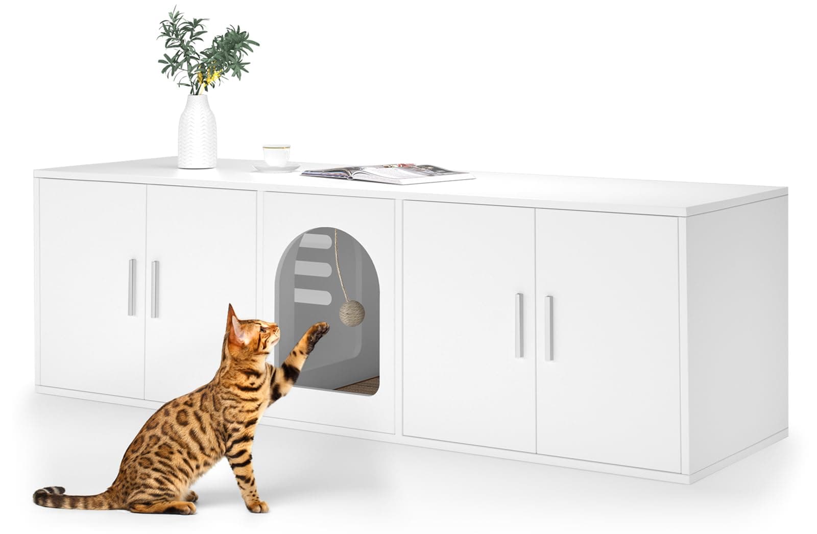 2 Cat Litter Box Enclosure, Double Room Wooden Furniture with Cat Door, White