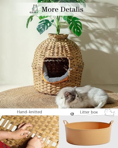 Hidden Handwoven Rattan Cat Litter Box Enclosure with Odor Control, Artificial Plants, Real Stones