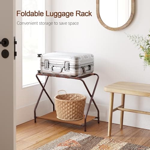 Folding Luggage Rack Set of 2 for Guests, Metal with Storage Shelf, Bronze.