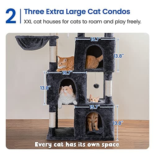 MWPO Smoky Grey Extra Large Cat Tree - 70.1-Inch Tall Multi-Level Tower with 3 Condos, Scratching Posts & Dangling Toys