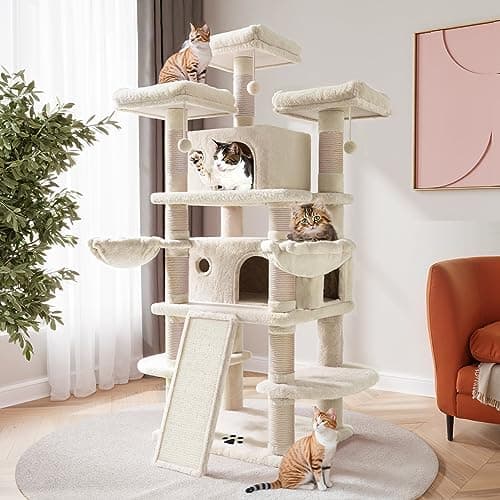 SHA CERLIN 68-Inch Multi-Level Cat Tree for Large Cats with Condo, Perches, Scratching Posts, and Hammocks - Pink — Beige