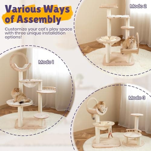 Solid Wood Cat Tree with Hammock, Scratching Posts, and Platforms - 56.3 Multi-Level Cat Tower