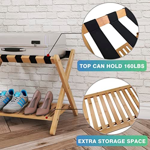 SMIBUY Foldable Bamboo Luggage Rack with Storage, Set of 2 (Natural)