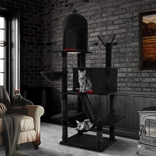 Gothic 67 Inch Tall Cat Tree with Scratching Posts & Ladder, Spooky Balls & Hammock, Black