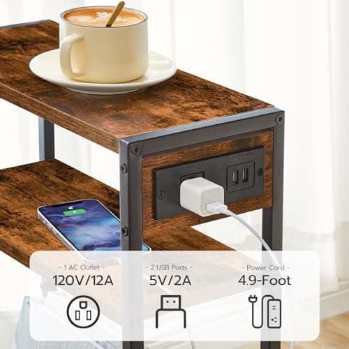 HOOBRO Rustic Brown & Black 3-Tier Charging End Table, BF103UBZ01