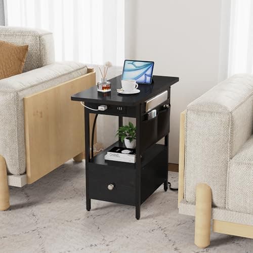Narrow Nightstand with Storage & Charging for Small Spaces