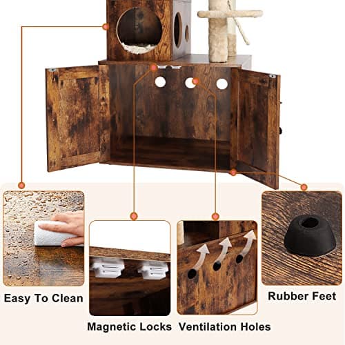 2-in-1 Cat Tower with Litter Box Enclosure and Large Furniture, Rustic Brown