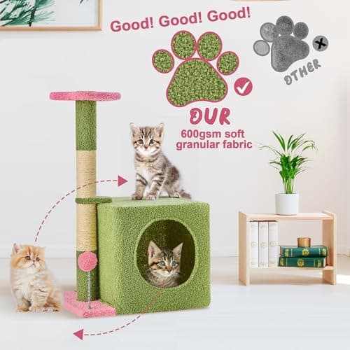 24 Inch Pink Floral Cat Tree with Condo, Scratching Post & Soft Ball