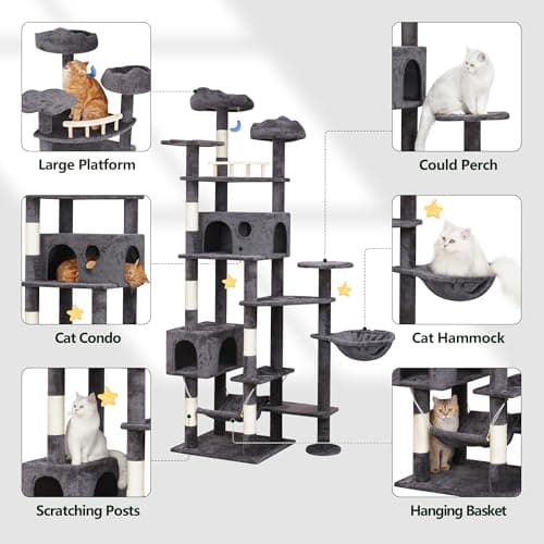 Giant Smoky Gray Cat Tree for Big Cats & Maine Coons, Tall Scratching Tower