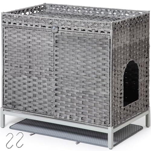 Hidden Handwoven Rattan Cat Litter Box Enclosure, Large Metal Feet, 30.3 x 18.3 x 28 Inches, Indoor — Gray