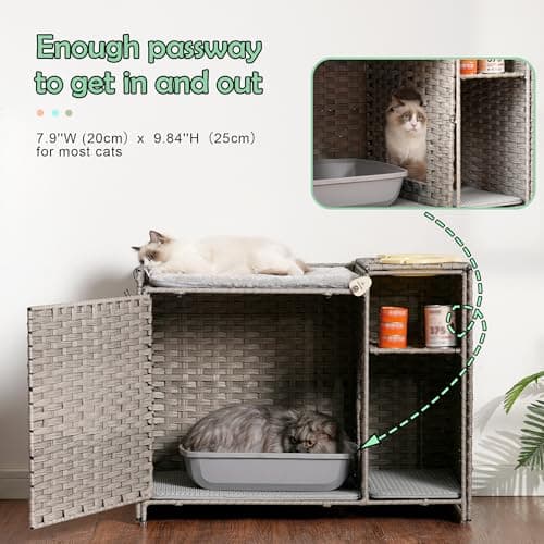 Grey GCLB002G Handwoven Rattan Cat Condo with Litter Box Furniture