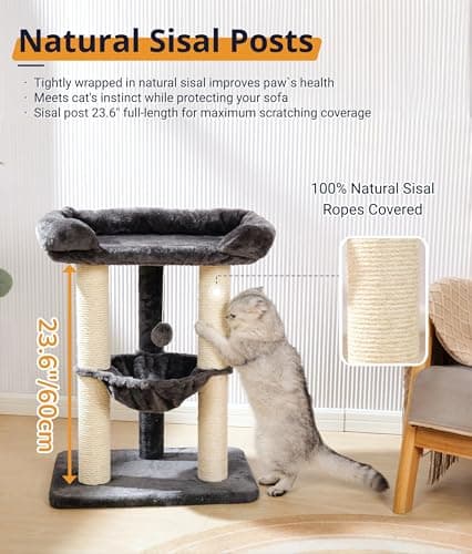 Happi N Pets 28" Tall Cat Tree Tower for Maine Coon, Sisal Scratcher & Soft Perch-Gray