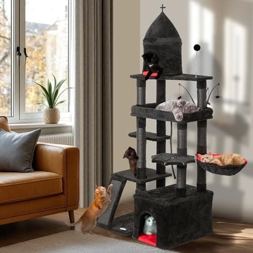Large Cat Tree Tower, Scratching Post & Grooming Station, 72", Dark Grey — Black and Red