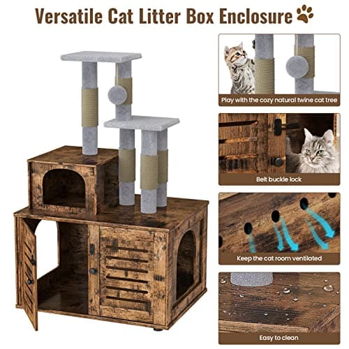 Rustic Brown Cat Litter Box with Tree & Washroom Divider
