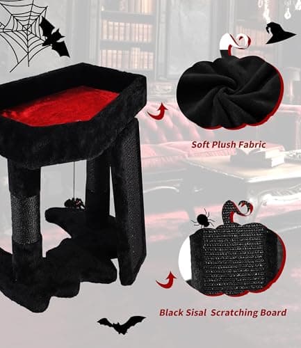 Gothic Cat Tree Tower with Coffin Bed & Sisal Scratch Post, Black & Red