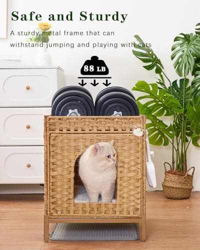 Hidden Rattan Cat House with Litter Mat & Metal Feet