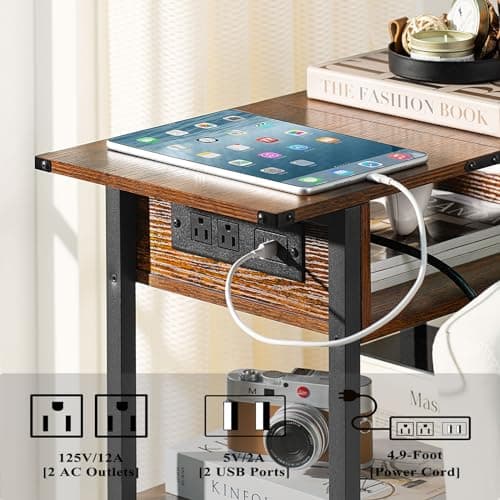 Lerliuo Narrow Side Table with Charging Station, Brown Nightstand for Small Spaces
