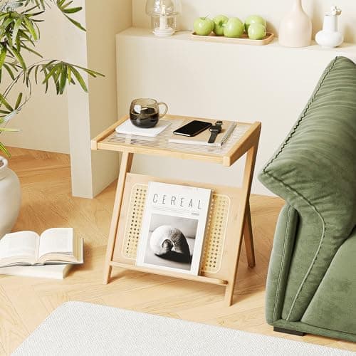 Bamworld Rattan 2-Tier Side Table with Storage Boho Living Room Glasstop Narrow Coffee Table — Rattan Table-nature