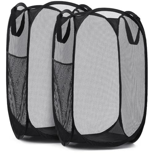 Sturdy White Collapsible Laundry Hamper with Side Pocket – Space-Saving and Breathable (2-Pack) — Black, 2-PACK