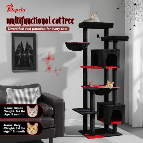 PetePELA 69-Inch Gothic Cat Tree, Black: Large Hammock, Tall Tower, Scratching Posts
