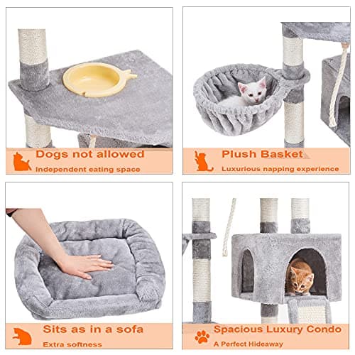 Heybly Multi-Level Cat Tree with Scratching Board & Feeding Bowl - Light Gray