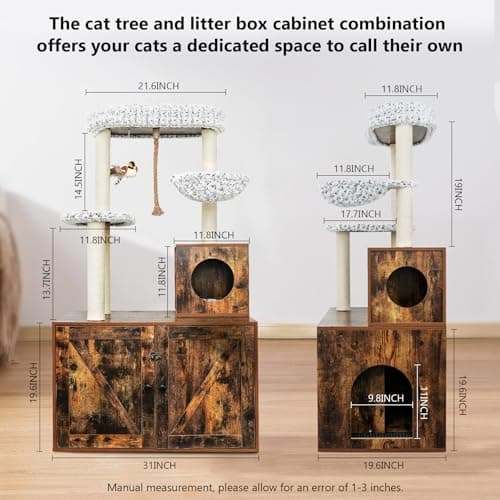 55in Cat Tree with Litter Box Enclosure and Food Station for Cats