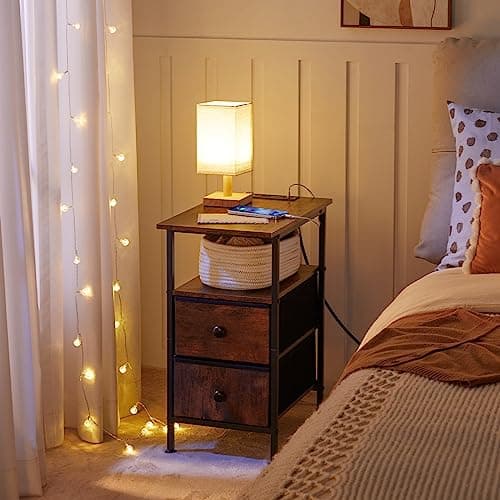 HOOBRO Rustic Brown & Black End Table with Charging Station BF486UBZ01
