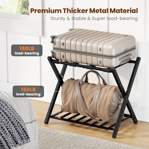Black Foldable Luggage Rack for Guest Room, 150 lb Capacity, Magnetic Lock, Steel Shelf