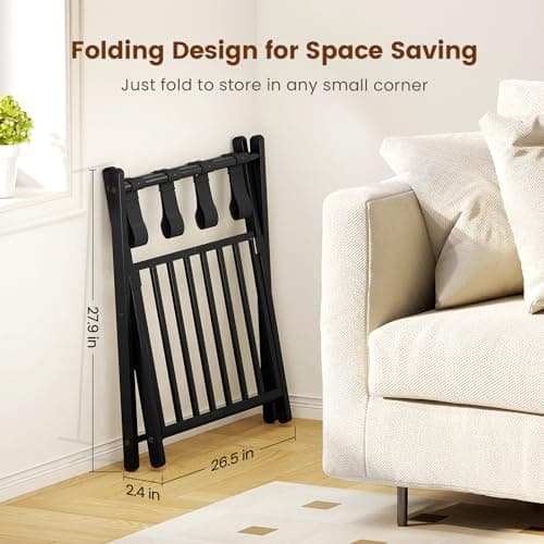 Black Foldable Luggage Rack for Guest Room, 150 lb Capacity, Magnetic Lock, Steel Shelf